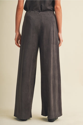 Steel gray high waist wide leg satin pants with back zipper closure