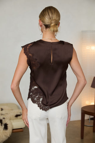 Brown satin sleeveless blouse with floral lace trim on shoulder and hem