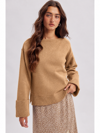 Mocha wide sleeve cuff crew neck knit sweater with ribbed hem and cuffs
