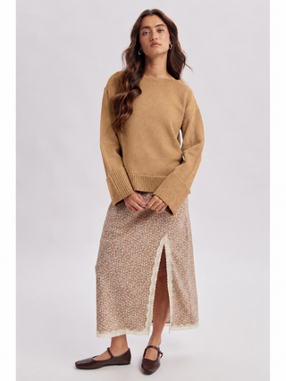 Wide sleeve cuff sweater in mocha, styled with floral midi skirt and Mary Jane flats