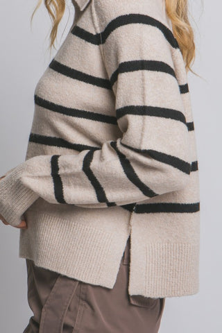 Beige and black striped knit polo sweater with ribbed hem and side slit