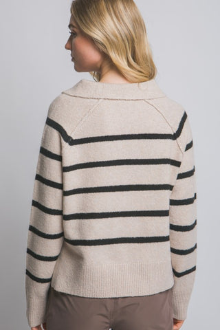 Beige and black striped v-neck polo knit sweater, back view