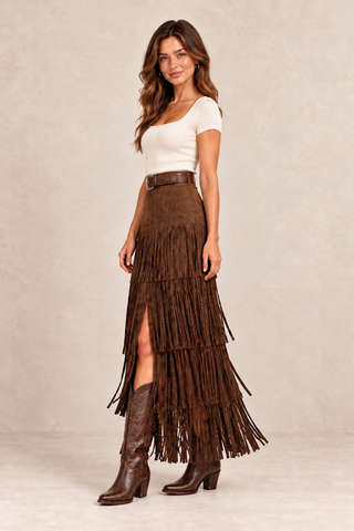 Brown faux suede tiered fringe midi skirt with western belt and cowboy boots