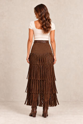 Brown faux suede tiered fringe midi skirt with tooled leather belt, back view