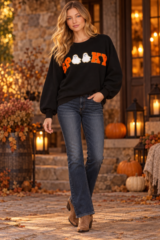 Black Halloween sweatshirt with orange SPOOKY letters and ghost chenille patches