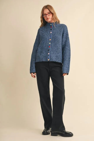 Blue black marled knit cardigan with colorful buttons and mock neck