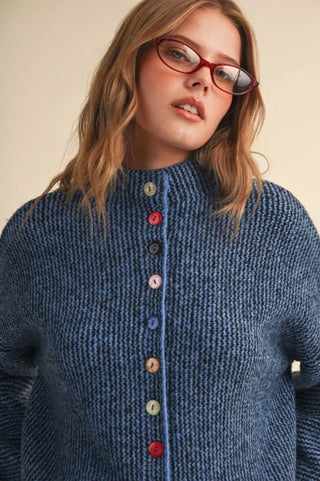 Blue black marled knit cardigan with multicolored buttons down front placket