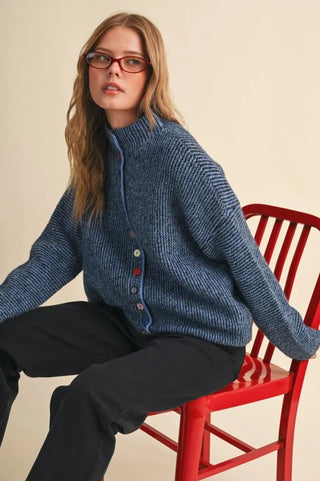 Blue black marled knit button-front cardigan with mixed colorful buttons