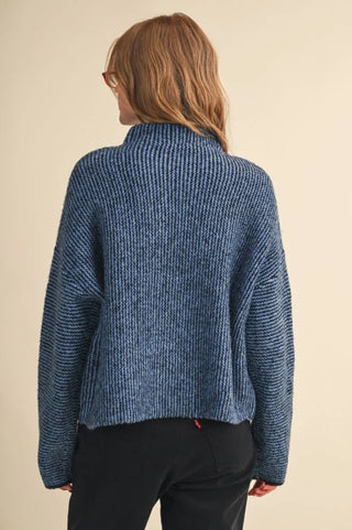 Blue and black marled knit turtleneck cardigan sweater, back view