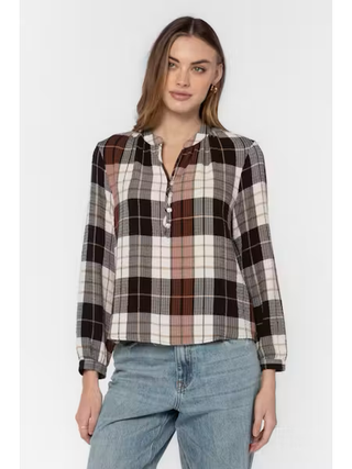 Velvet Heart Amelie long sleeve plaid shirt in black, cream, and brown tones