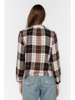 Velvet Heart Amelie plaid shirt in brown, cream, and pink long sleeve top