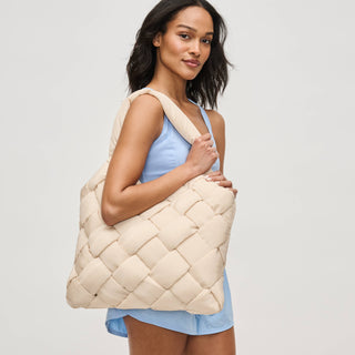 Sol and Selene Illumine cream woven nylon oversized tote bag with puffy texture