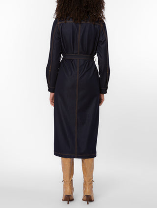 Velvet Heart Joann dark wash denim midi dress with belt and contrast stitching, back view