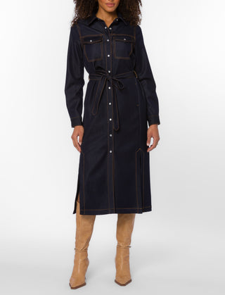 Velvet Heart Joann dark wash denim midi shirt dress with belt and contrast stitching