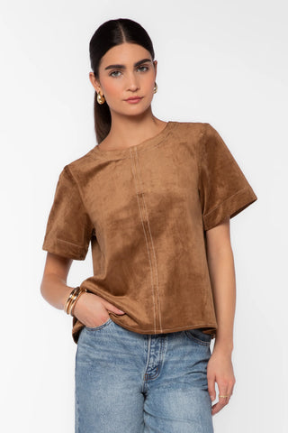 Light tan faux suede short-sleeve boxy top with contrast stitching detail
