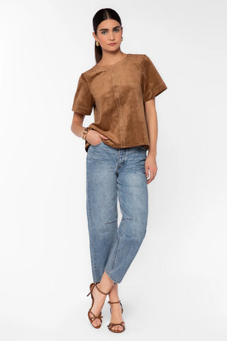 Light tan faux suede short-sleeve boxy crop top with seam detailing
