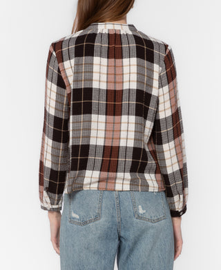 Velvet Heart Kevin plaid flannel top in brown, black, and cream, back view