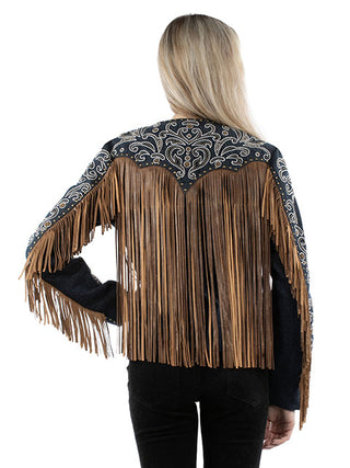 Scully women's black embroidered fringe leather jacket, back view, tan suede fringe