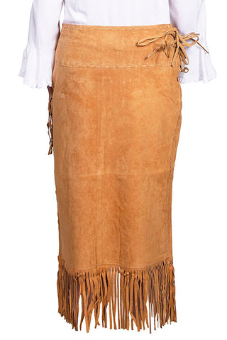 Scully tan suede midi skirt with fringe hem and lace-up waist detail