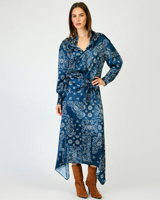 Navy blue paisley bandana print midi skirt with asymmetric handkerchief hem