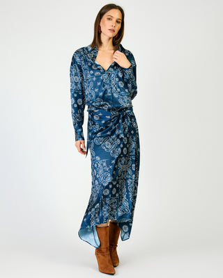 Navy blue paisley print satin midi wrap skirt with ruched waist tie detail