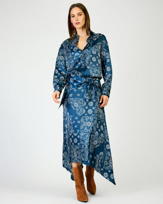Navy blue paisley satin midi skirt with asymmetric hem and tie waist