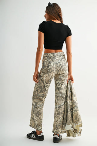 Mica Timberwolf high rise wide leg jeans in tan woodland camo print, back view