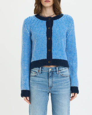 Daze Denim Muse Fitted Cardigan in blue stripe knit with navy trim and buttons
