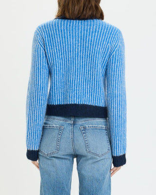 Daze Denim Muse Fitted Cardigan in blue ribbed knit with navy trim, back view