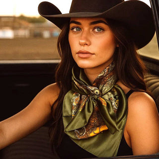 Woman wearing a cowboy hat and patterned scarf sitting in a vehicle.