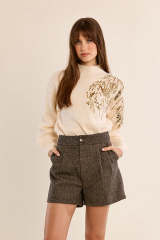 Dark beige herringbone woven shorts with pleats, high waist, and gold button
