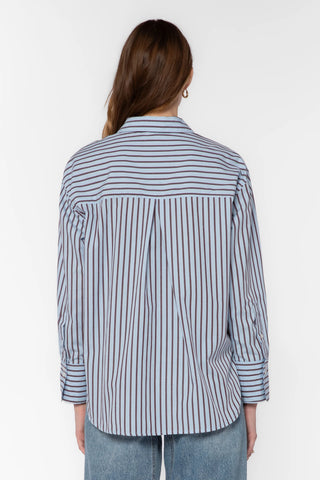 Velvet Heart Pemberly oversized blue striped button-down shirt, back view, long sleeves