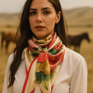 Woman wearing a colorful floral scarf with a blurred natural background