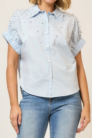 The Meredith Pearl Embellished Top in Blue