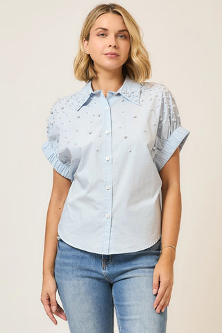 The Meredith Pearl Embellished Top in Blue