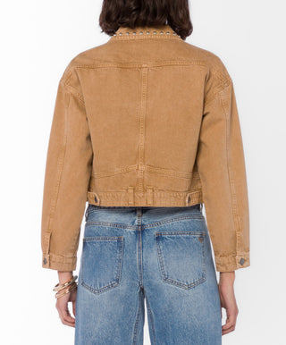 Velvet Heart Shira tan cropped denim jacket with studded collar, back view
