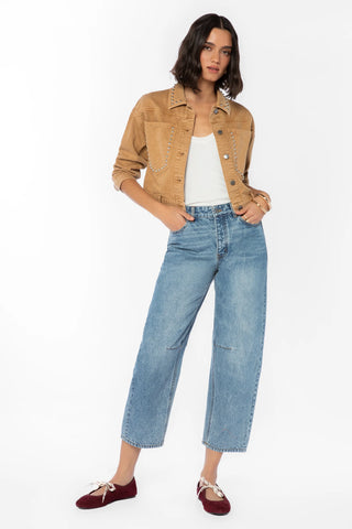 Velvet Heart Shira tan studded cropped denim jacket with silver studs along collar and pockets