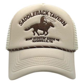 Beige cap with brown embroidered text and logo on a white background