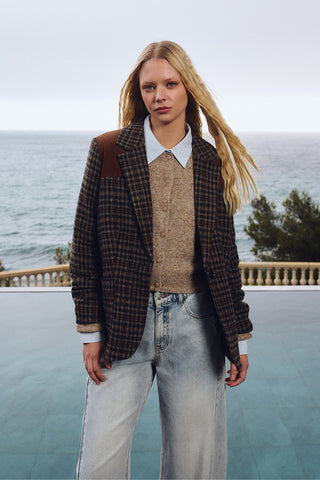 Dark brown plaid woven blazer with suede shoulder patch and notched lapels