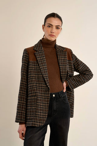 Black and brown plaid woven blazer with corduroy shoulder panels and notch lapels