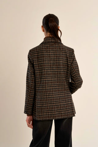 Black and brown plaid woven blazer with long sleeves, back view