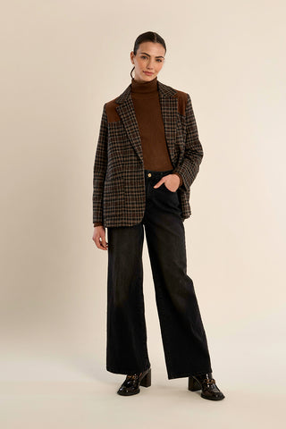 Black plaid woven blazer with brown suede shoulder patches and notched lapels