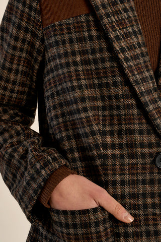 Black and brown plaid woven blazer with button detail and welt pocket