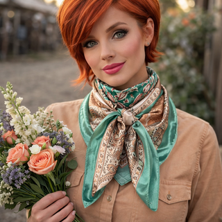 Woman with red hair wearing a patterned scarf, holding flowers outdoors.
