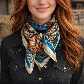 Woman wearing a colorful patterned scarf on a blurred outdoor background