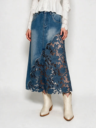 Medium wash denim midi skirt with blue floral lace cutout panel hem