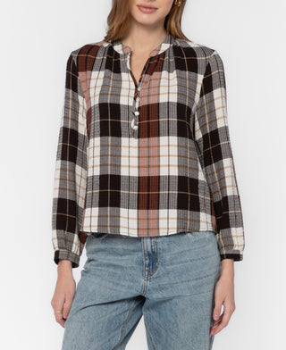 Velvet Heart Kevin plaid flannel top in brown, cream, and gray with button neckline