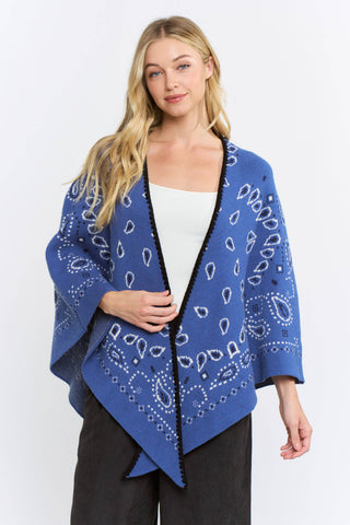 Blue paisley bandana print open-front kimono cardigan with black trim detail