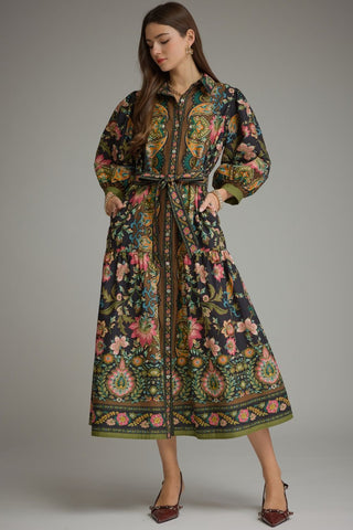 Entro black floral paisley midi shirt dress with puff sleeves and tie waist