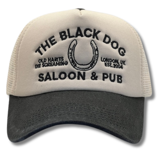 Cap with 'The Black Dog Saloon & Pub' text and logo on a white background